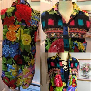 Black, Red, Blue Floral Print Top